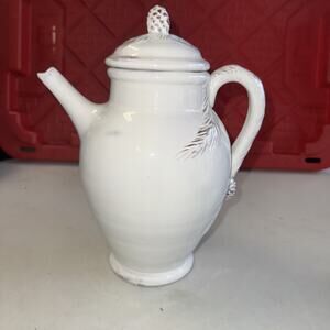 Pottery Coffee Pot, White Pine Earthenware #93049, Bas Relief Needles & Cones
